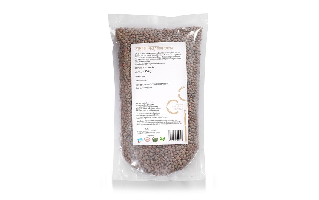 Conscious Food Whole Masoor Organic   Pack  500 grams